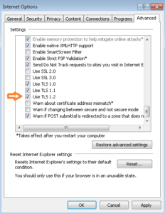 Internet Explorer screenshot of Internet Options. To select use TLS 1.2 check the box in the Advanced tab.